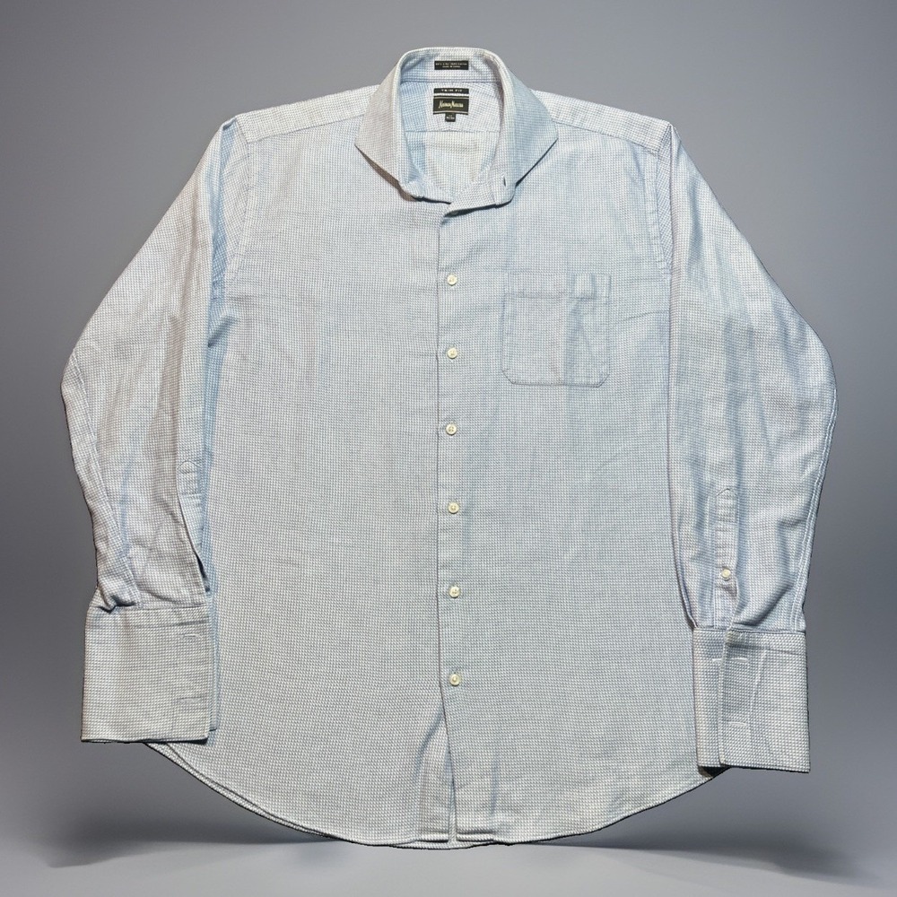 Neiman Marcus Dress Shirt 17 34/35 Trim Fit Blue Micro Weave 80s 2-Ply Cotton
